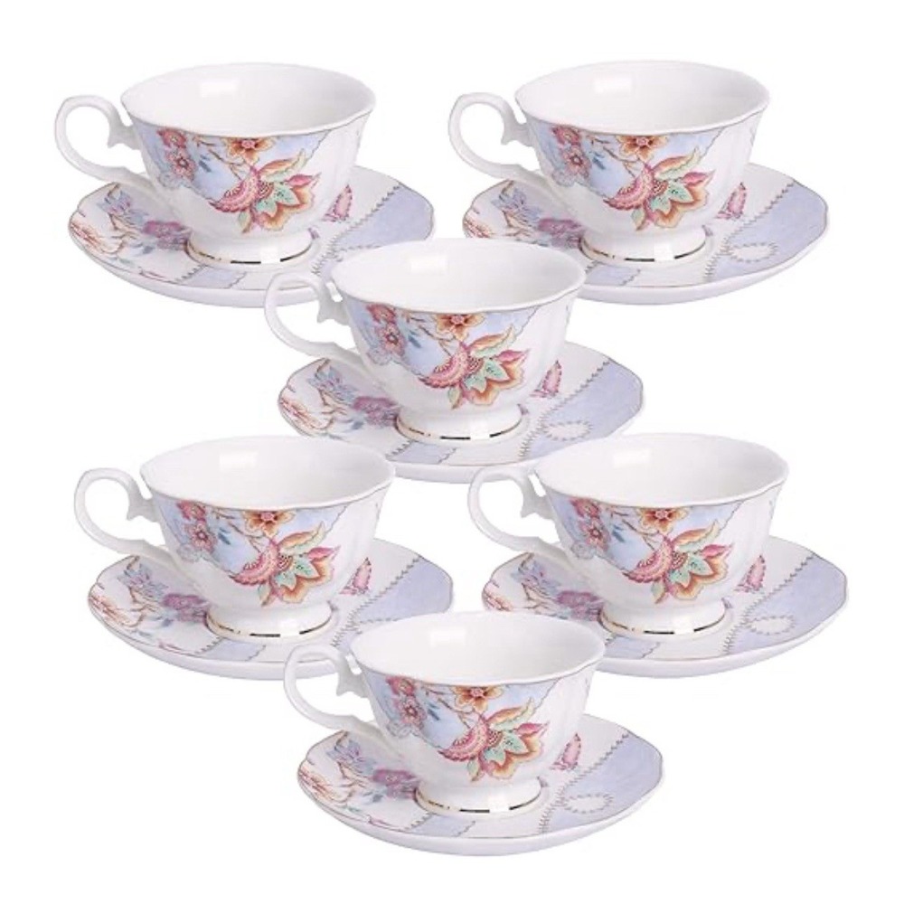 Fanquare Floral Porcelain Coffee Cups and Saucers Set of 6 Blue 5oz Fine China
